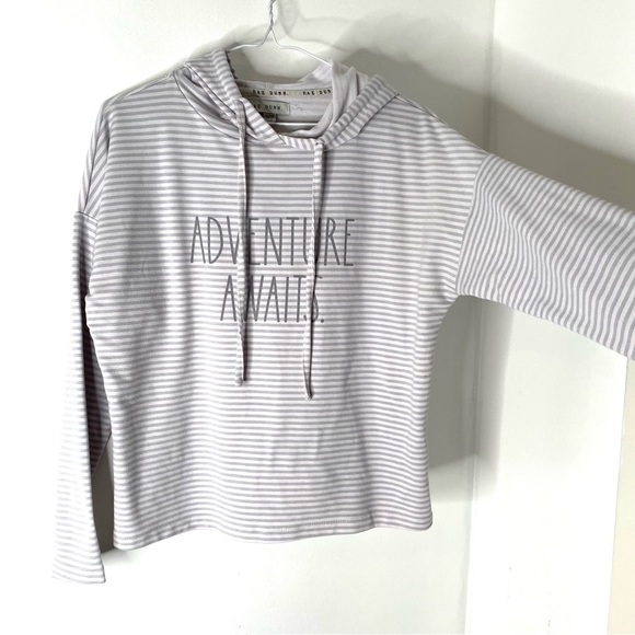 Rae Dunn Adventure Awaits Striped Grey White Hoodie - Picture 3 of 6